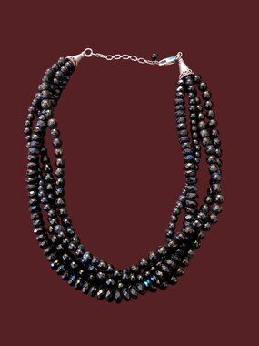 925 Sterling Silver Clasp 4 Strand Black Crystal 21" Heavy Statement Necklace